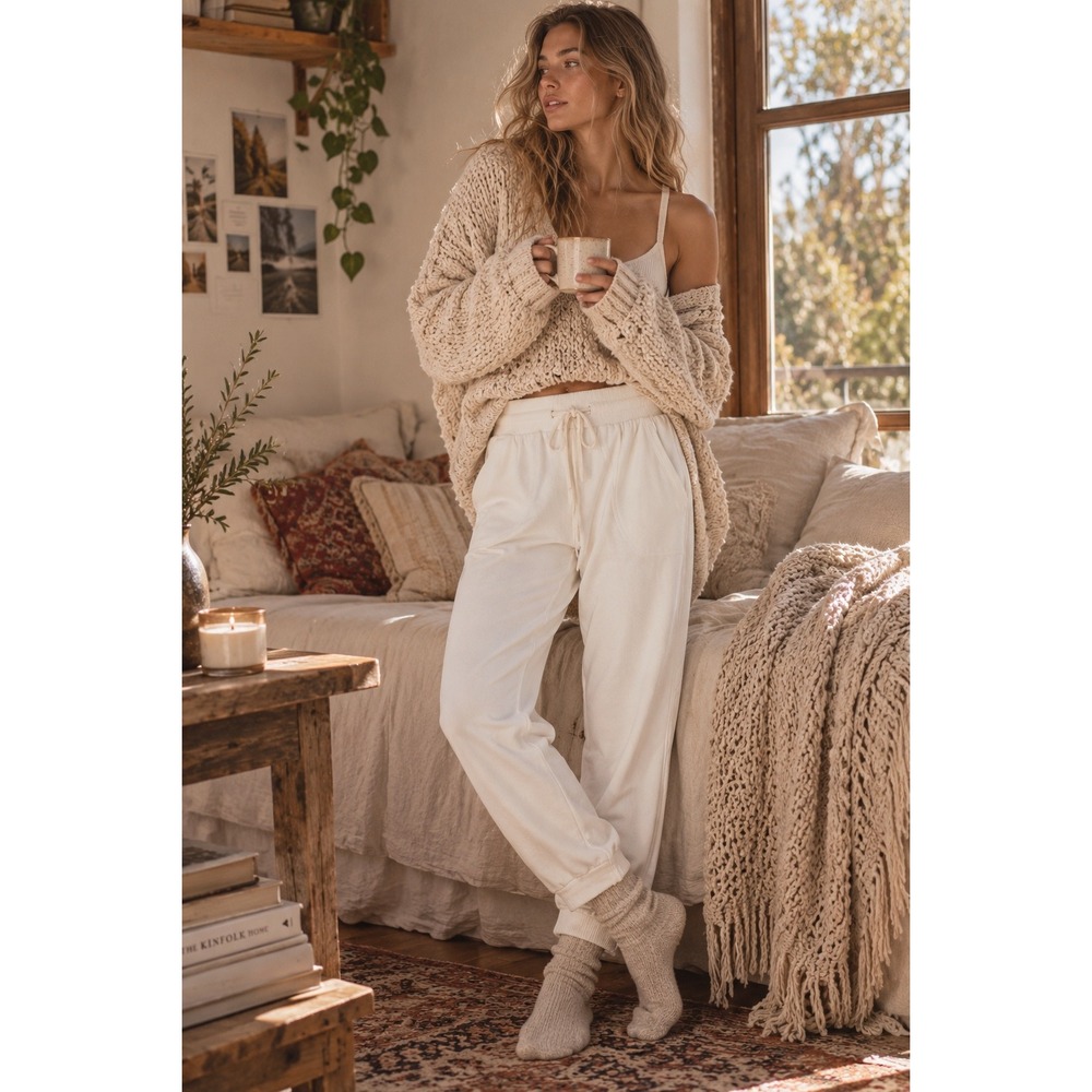 Zac & Rachel White Joggers 2-Way Stretch Drawstring Pants Large NWT